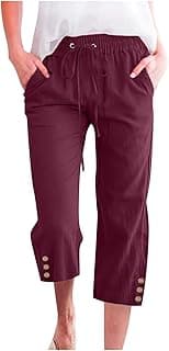 Capri Pants for Women Casual 2025 Summer Drawstring Elastic High Waist Linen Pant Straight Wide Leg Cropped Trouser