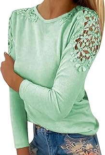 Fall Shirts for Women 2024 Trendy Crew Neck Long Sleeves Blouses Tops Dressy Casual Lace Floral Shoulder Basic Shirt
