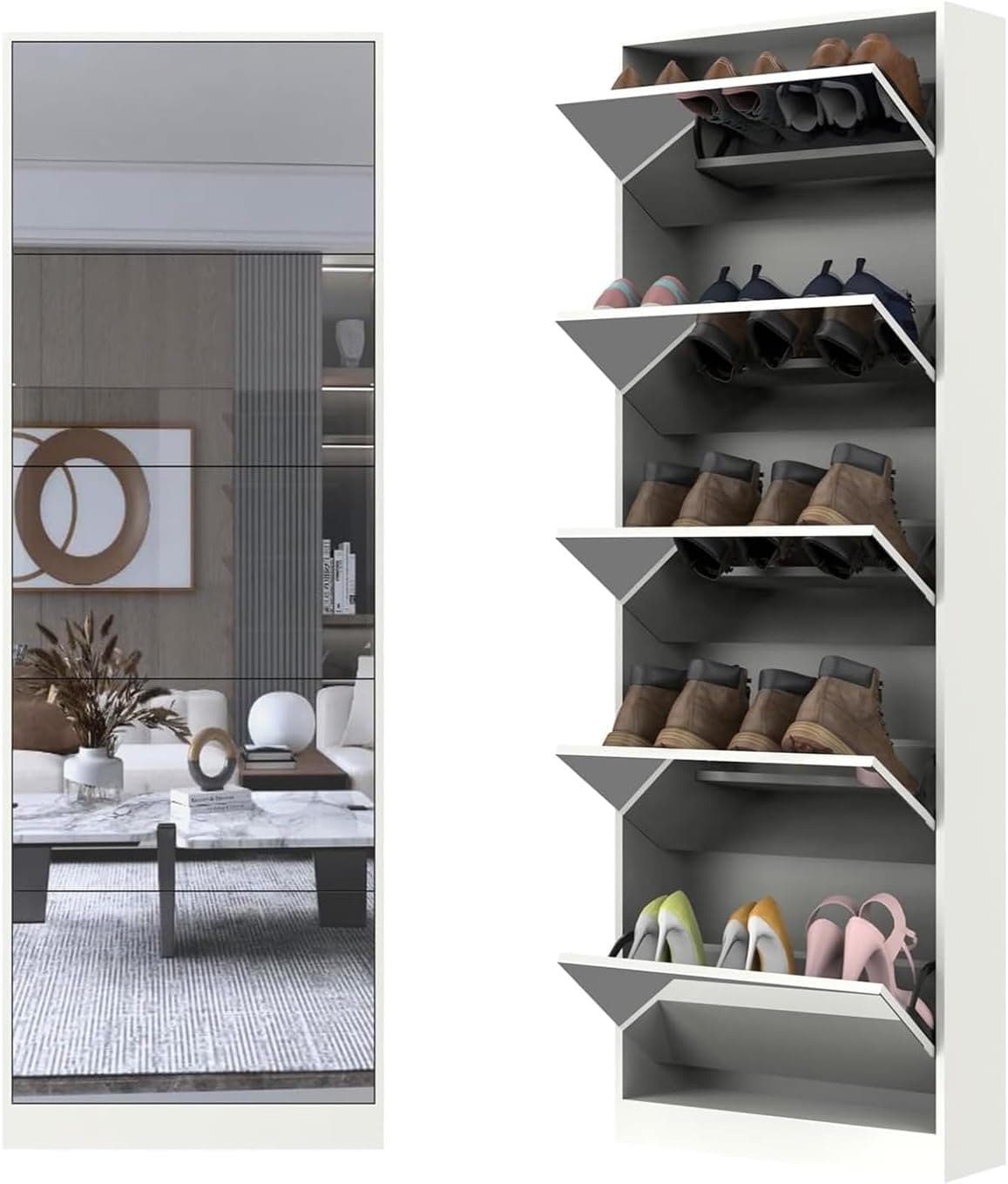 Tall Shoe Cabinet with Full Length Mirror, 5 Tiers Narrow Shoe Storage Cabinet with Flip Drawer, Hidden Shoe Rack Organizer for Entryway