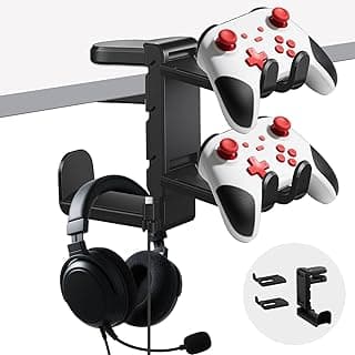 Premium Headset Stand & Gaming Headphone & Controller Holder - 360° Adjustable Under Desk Hook with Cable Management, Black - Perfect Desk & PC Accessories