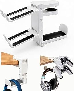 Rotatable Under Desk Headphone Hanger with 2 Controller Slots - 3-in-1 Gaming Accessory with Adjustable Clamp & Cable Organizer,for Home Gaming Xbox ps5 -White