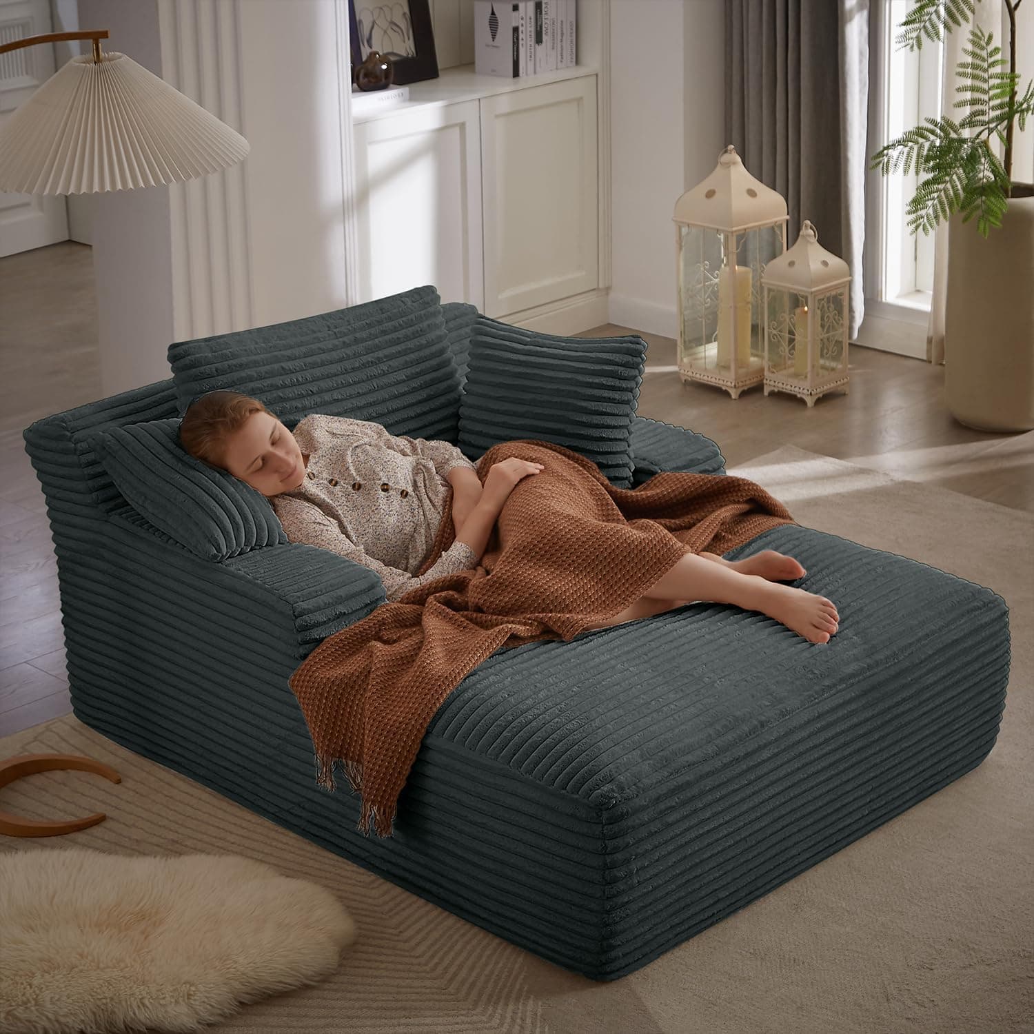 50" W Oversized Chaise Lounge Chair Indoor, Upholstered Corduroy Sofa Bed with Arm & 3 Pillows, Deep Seat Boneless Cloud Couch, Reading Chairs for Living Room,No Assembly Required,Dark Gray