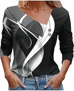 Womens Long Sleeve Shirts Business Casual Tops Loose Work Blouses V Neck Button Front Printed T-Shirts Tunic