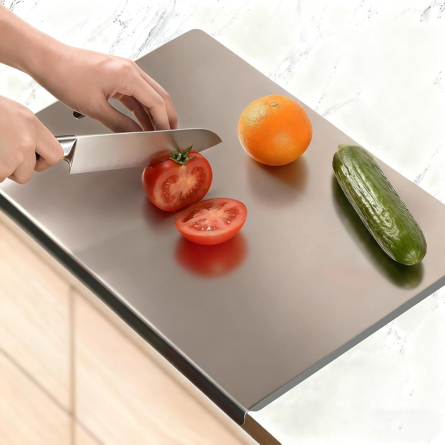 Large Stainless Steel Cutting Board with Lip for Kitchen, Chopping Boards with Grey Non-slip Mat, Cutting Board with Counter Lip for Meat, Fruits, Vegetables, Bread,Dough(15.75" × 11.81")