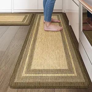 KIMODE Anti Fatigue Kitchen Mat, Cushioned Boho Kitchen Rugs Sets of 2 | Non Slip Farmhouse Kitchen Mats for Floor, Waterproof Standing Desk Mats for Laundry Office Sink Brown/Khaki 20"x47"+20"x32"